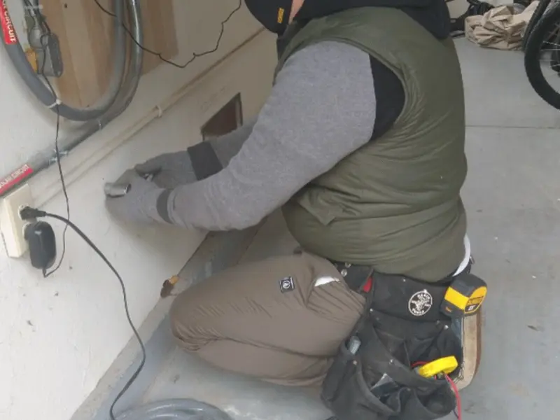 Electrician performing outlet wiring in a La Grange garage